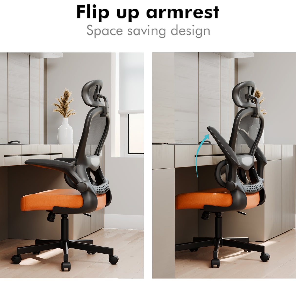 Orange and black swivel desk chair with flip-up arms and mesh back, perfect for ergonomic support.