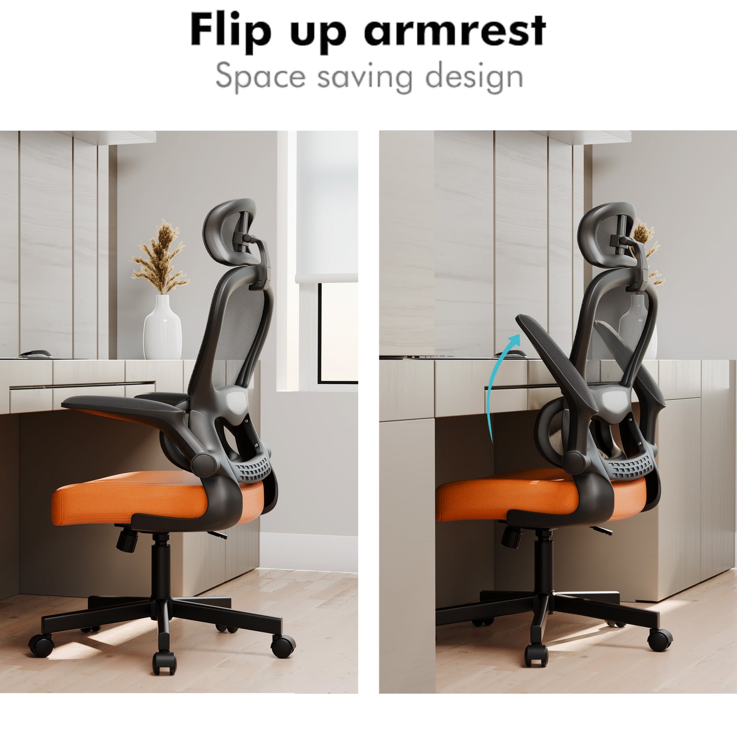 Orange and black swivel desk chair with flip-up arms and mesh back, perfect for ergonomic support.