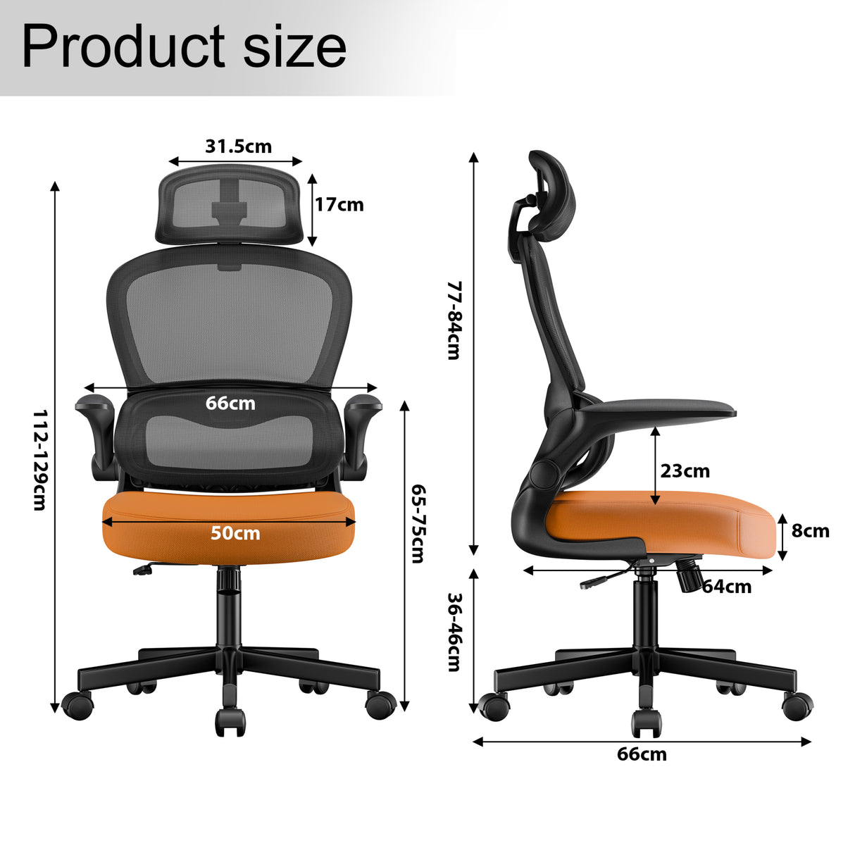 Dimensions of Orange and black comfortable desk chair : seat width 50 cm, depth 64 cm, and height  112-129 cm.