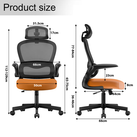 Dimensions of Orange and black comfortable desk chair : seat width 50 cm, depth 64 cm, and height  112-129 cm.