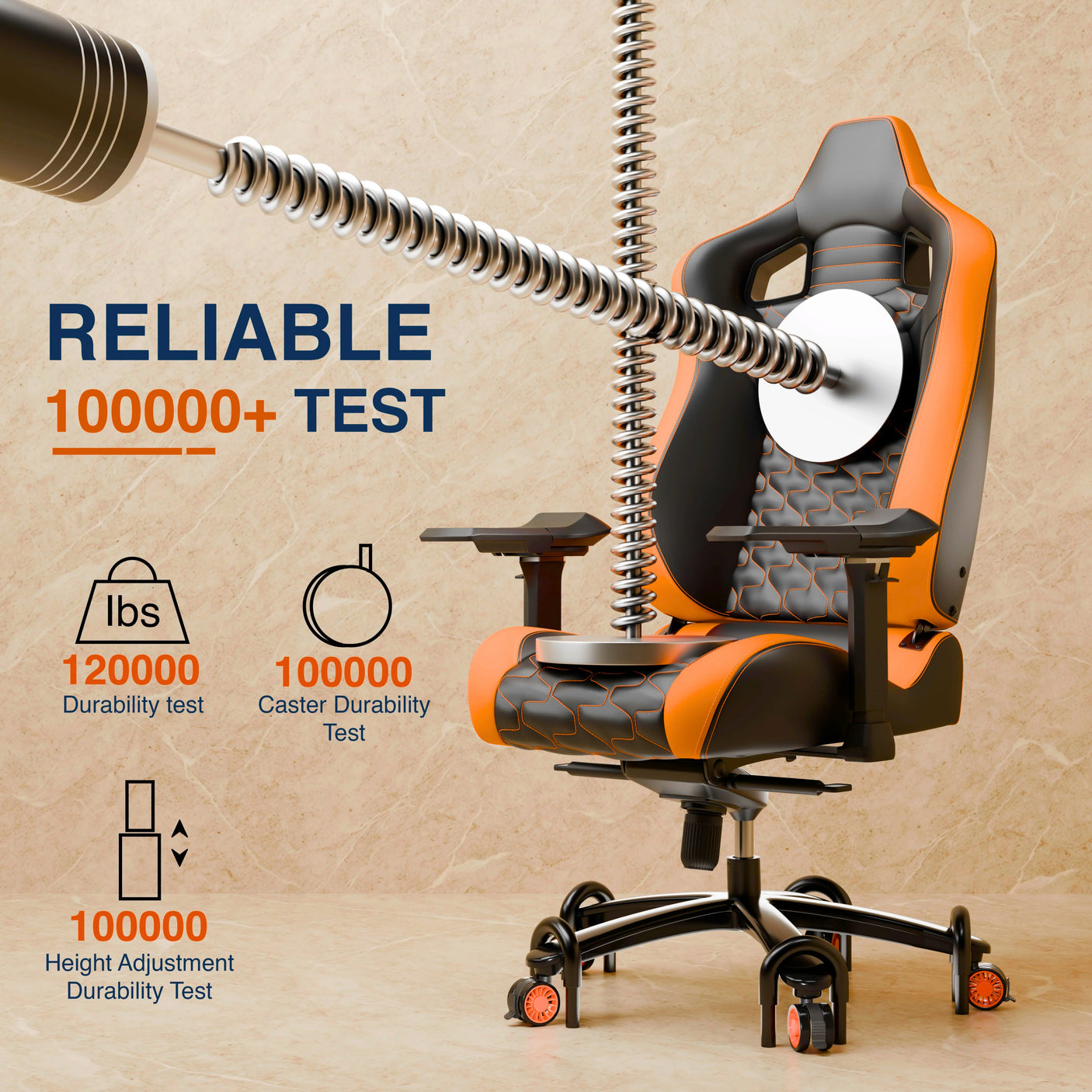 Ergonomic chair with durability testing elements on a beige background