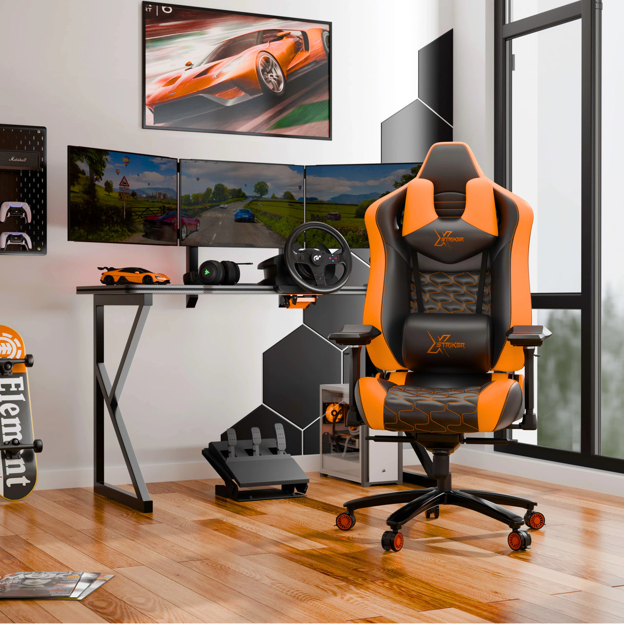 Gaming setup with an orange and black gaming chair, desk, and monitors in a room.