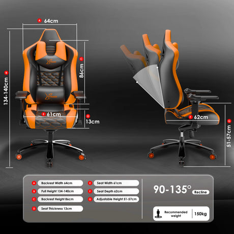 Gaming chair with dimensions and features displayed on a dark background