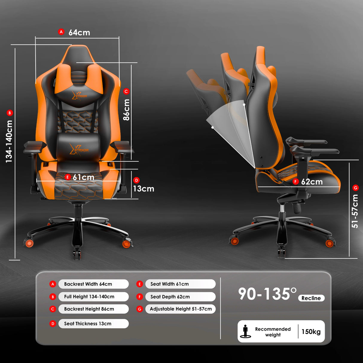 Gaming chair with dimensions and features displayed on a dark background