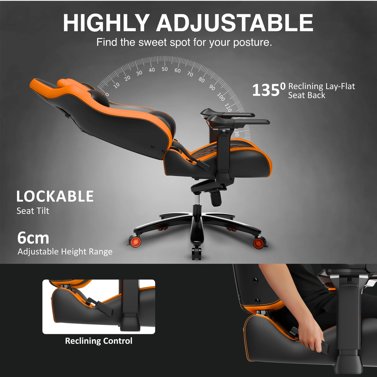 Ergonomic chair with adjustable features on a gray background