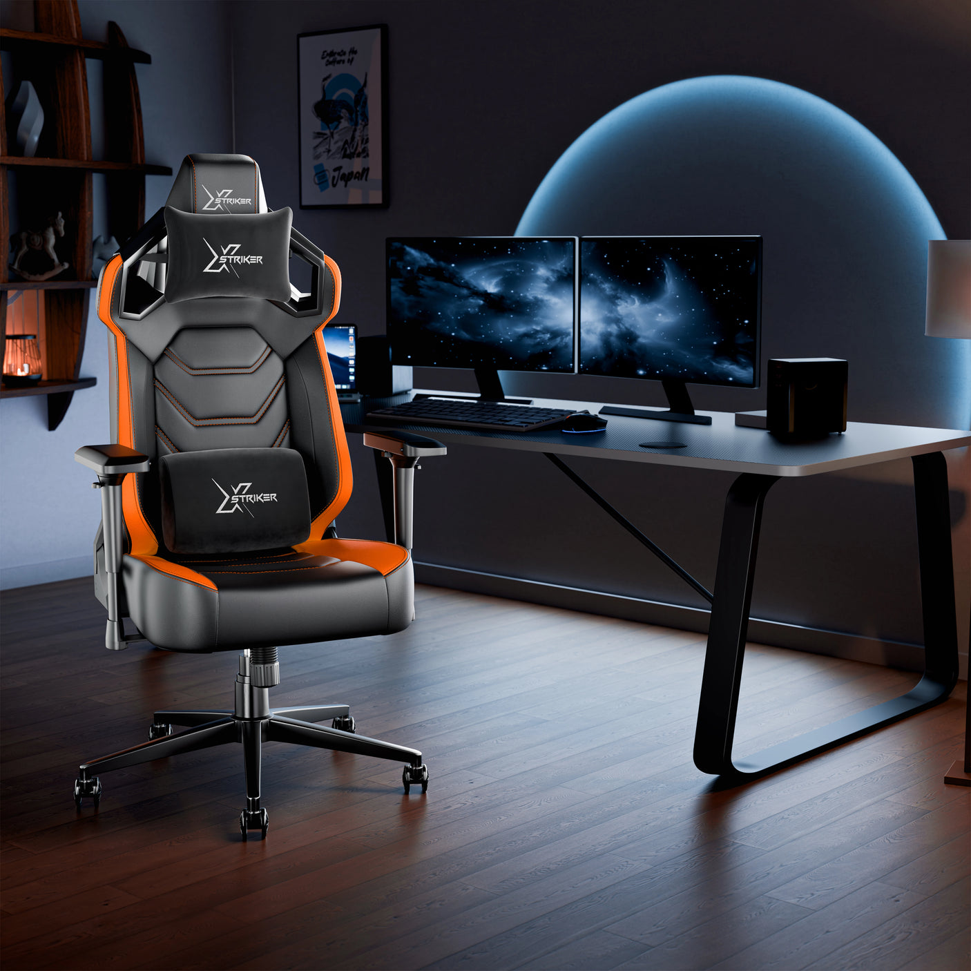 Xstriker Gaming Chair with ergonomic racing design and 4D armrest in black and orange, placed in a modern gaming setup with dual monitors.