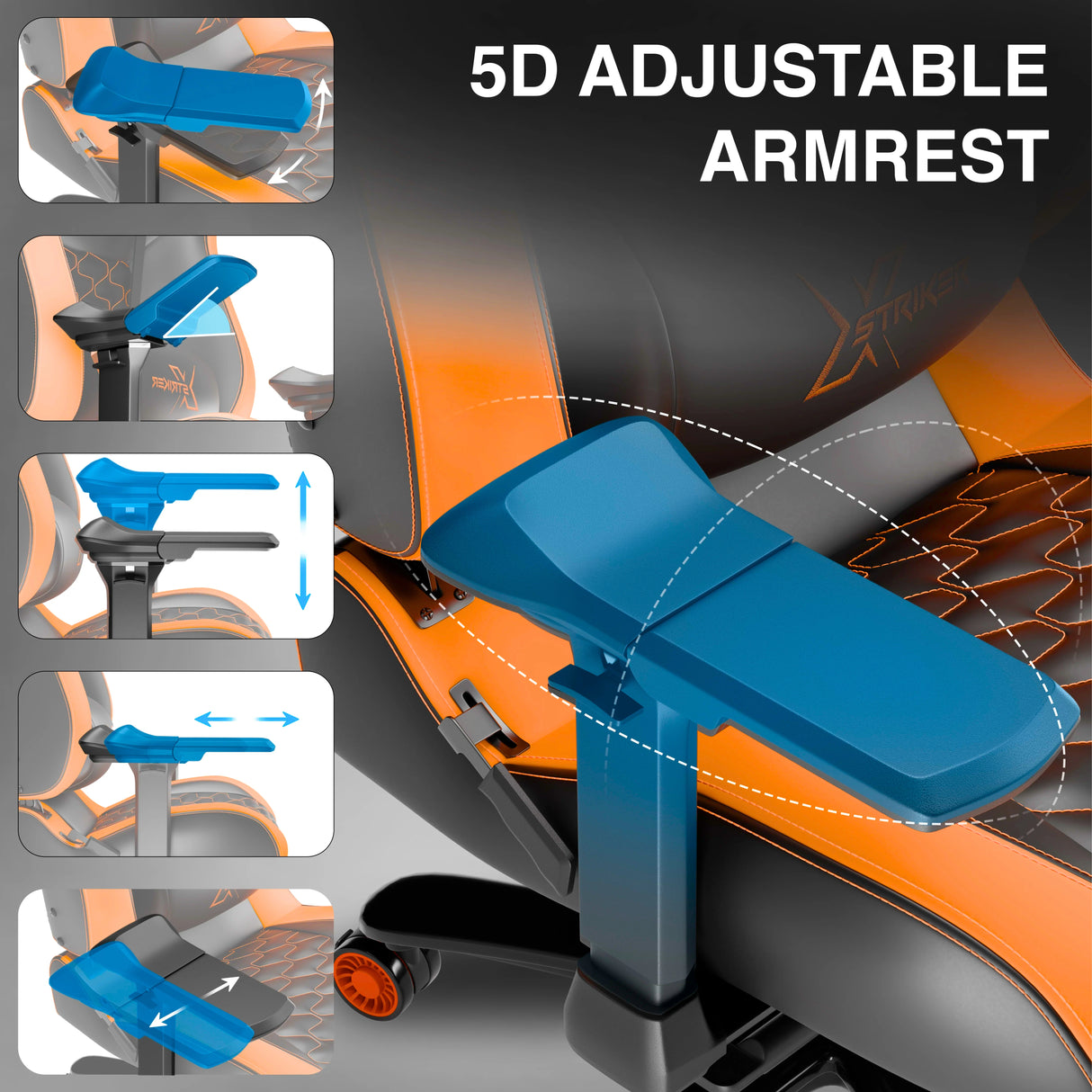 Blue 5D adjustable armrest on a gaming chair with feature illustrations.