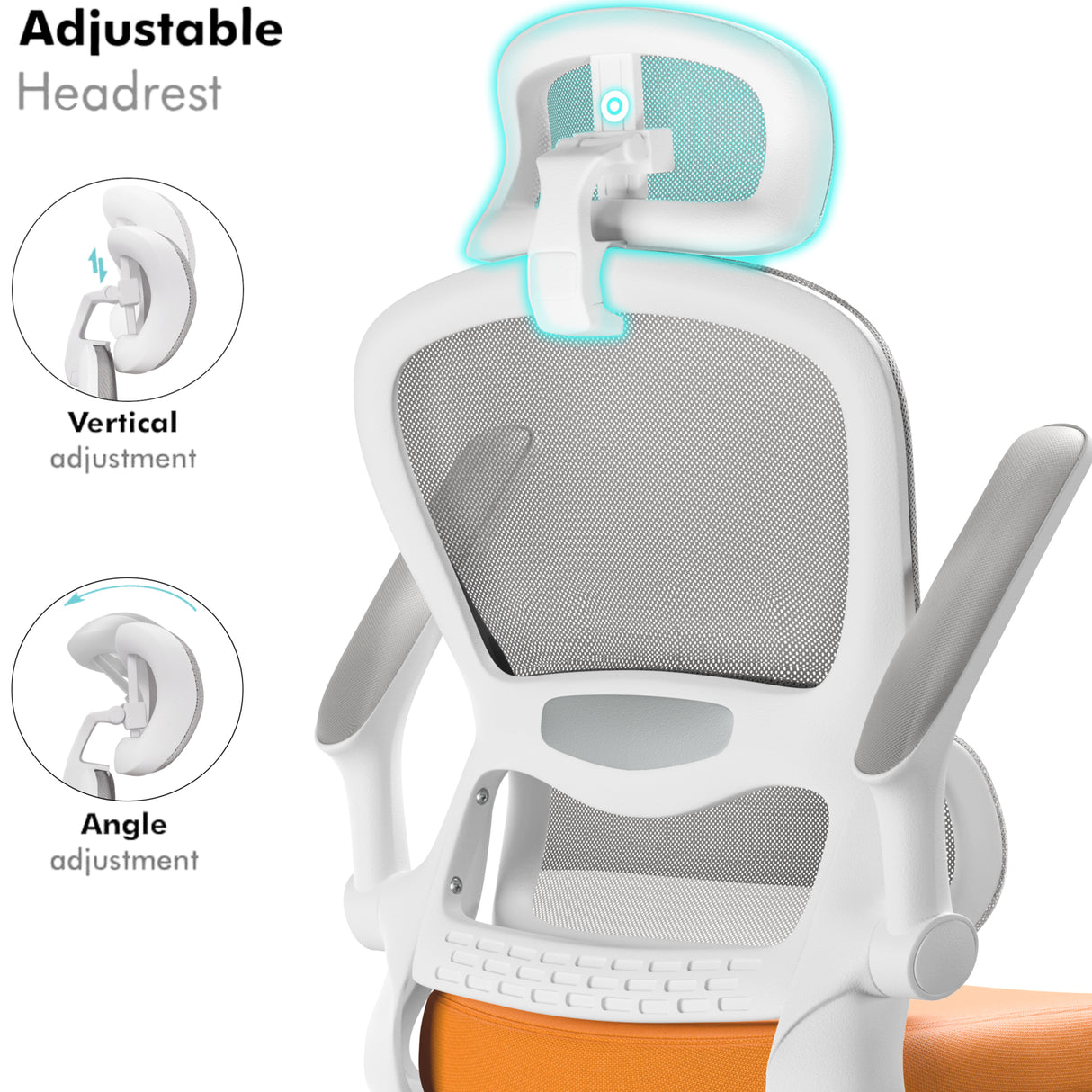 Adjustable headrest on ergonomic mesh office chair with orange seat. Offers vertical and angle adjustments for personalized neck support.