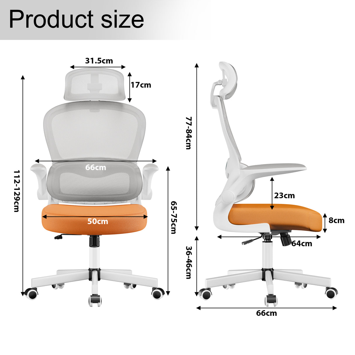 Dimensions of lumbar support chair with headrest: seat width 50 cm, depth 64 cm, and adjsutable height 112-129 cm.