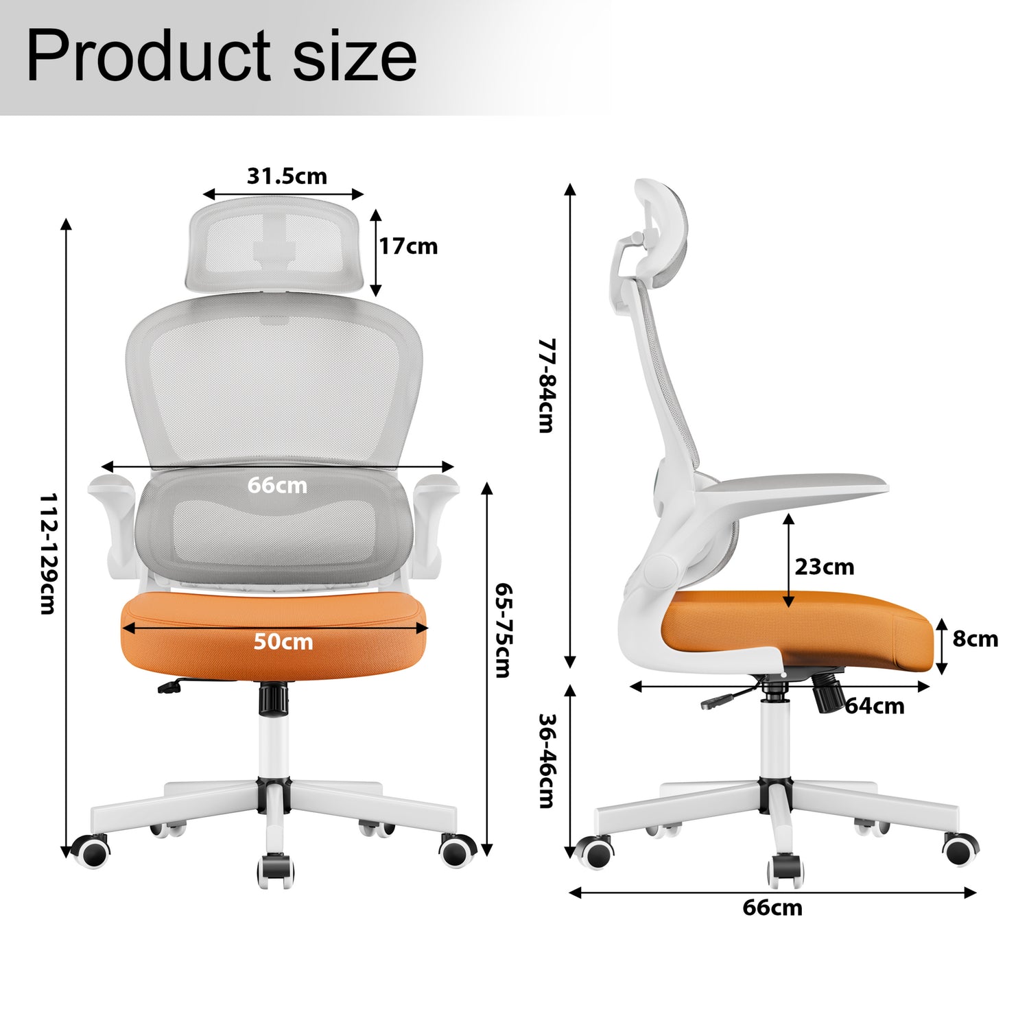 Dimensions of lumbar support chair with headrest: seat width 50 cm, depth 64 cm, and adjsutable height 112-129 cm.