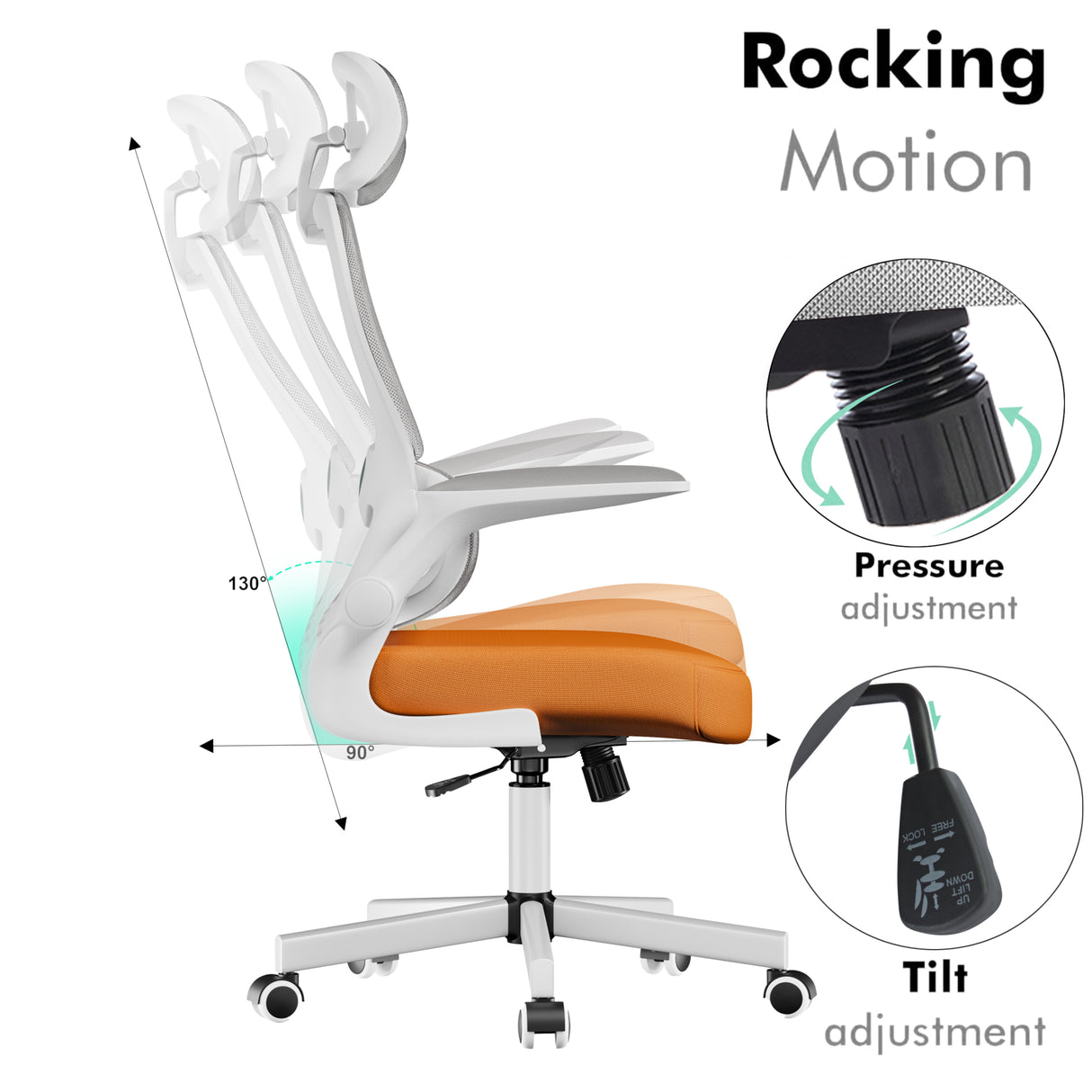 Ergonomic office chair with rocking motion and tilt adjustment. Orange seat cushion and mesh back support for dynamic sitting posture.