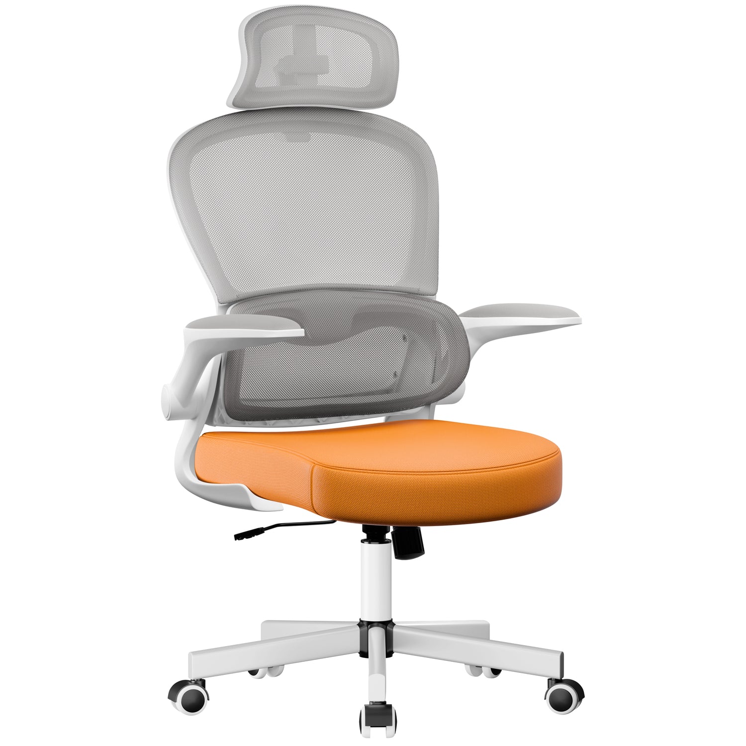 Front-facing view of orange and grey mesh office desk chair built for comfort and support.