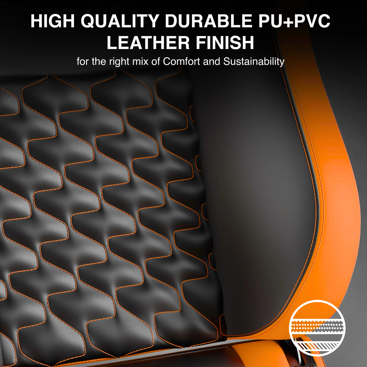 High-quality durable PU+PVC leather finish on a product with text highlighting comfort and sustainability.