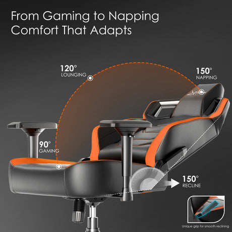 Xstriker Gaming Chair with ergonomic racing design reclines from 90° to 150°, ideal for gaming, lounging, and napping. Features 4D adjustable armrests.