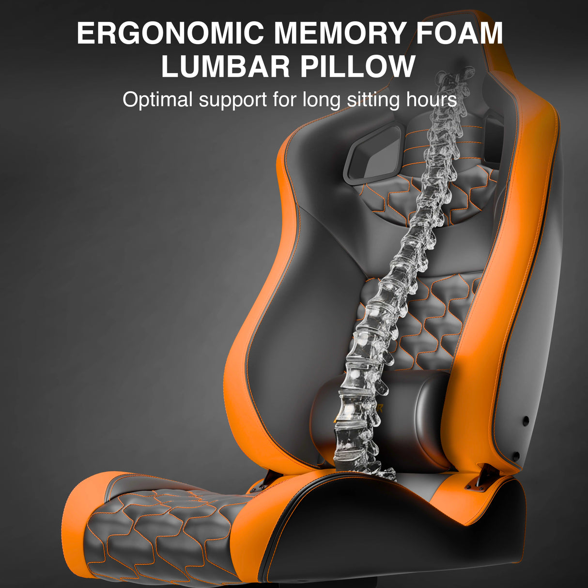 Ergonomic memory foam lumbar pillow with spinal model on a dark background