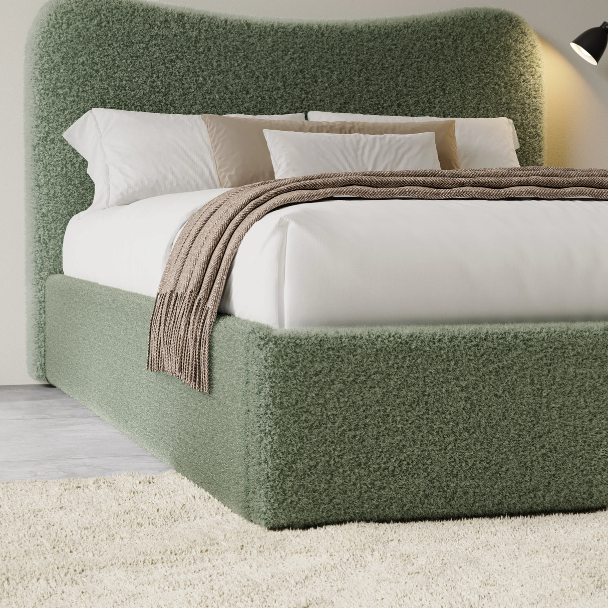 Curved headboard ottoman bed frame in light green boucle fabric with hidden under-bed storage. Stylish platform bed frame in king size for modern bedrooms.