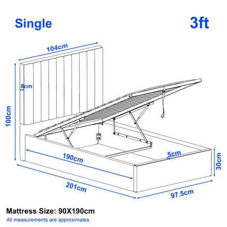Diagram of a single bed with dimensions labeled