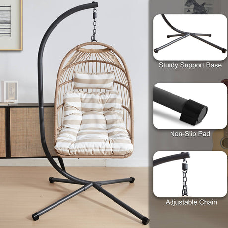 Outdoor egg chairs for garden with sturdy support base, non-slip pad, and adjustable chain.