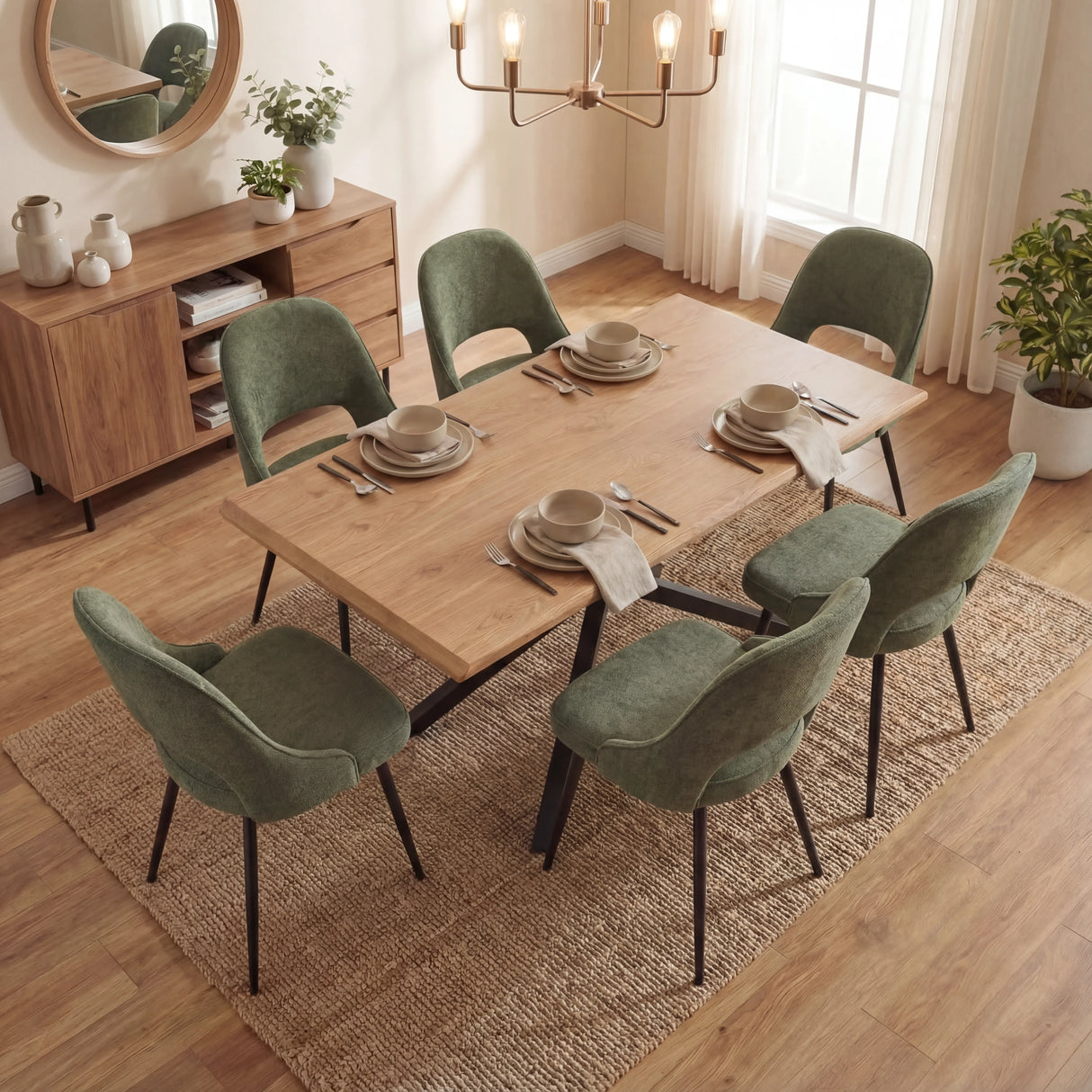 Overhead view of Xylon dining set with 6 green chairs, wooden finish table and simple decor.