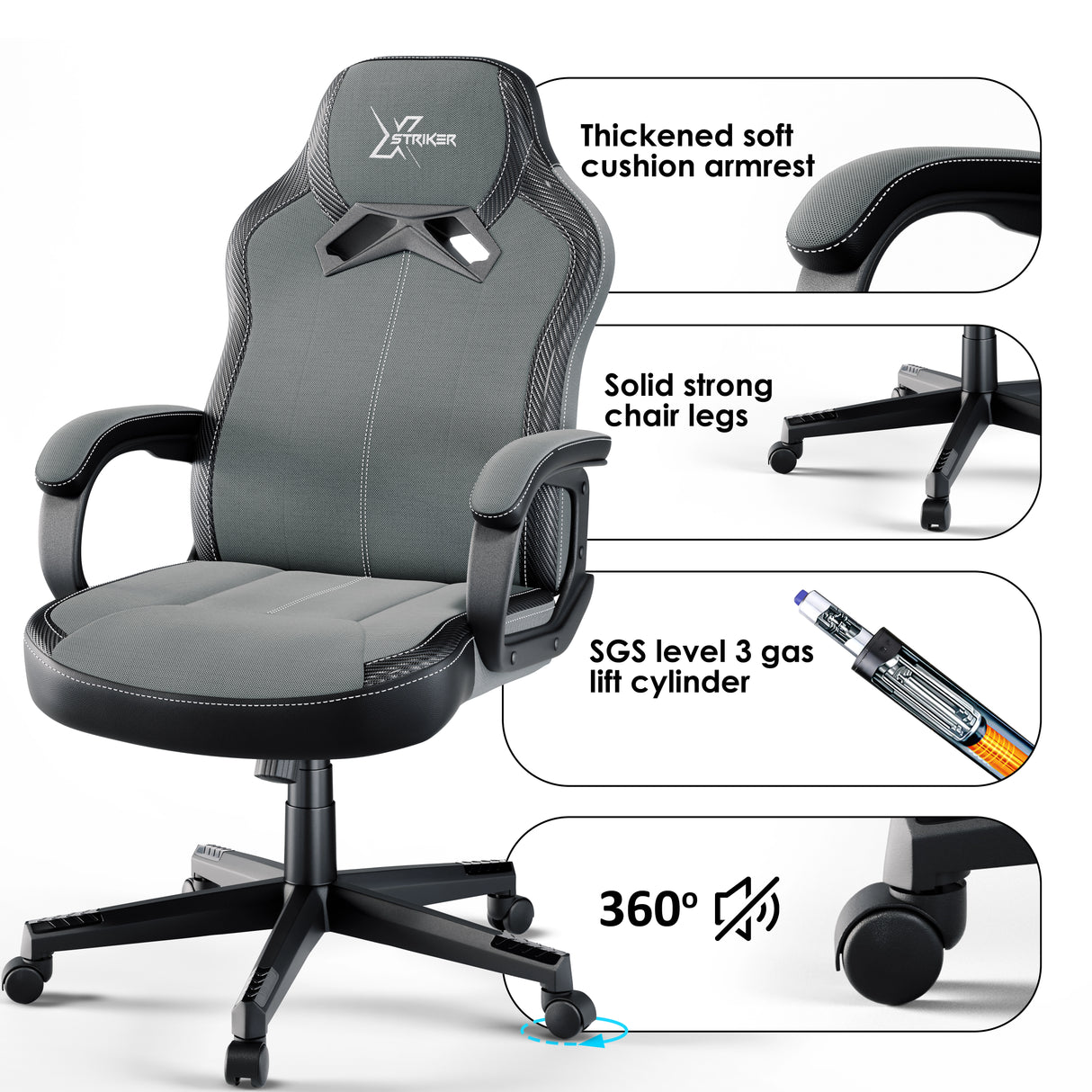 Xstriker Kids Gaming Chair with thick padded armrests, solid chair legs, and SGS level 3 gas lift. Ideal small desk chair for home office or study use.