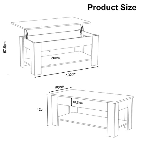 Lift top coffee table with storage, 100cm wide, shown with dimensions including 57.5cm height when lifted and 42cm closed height.