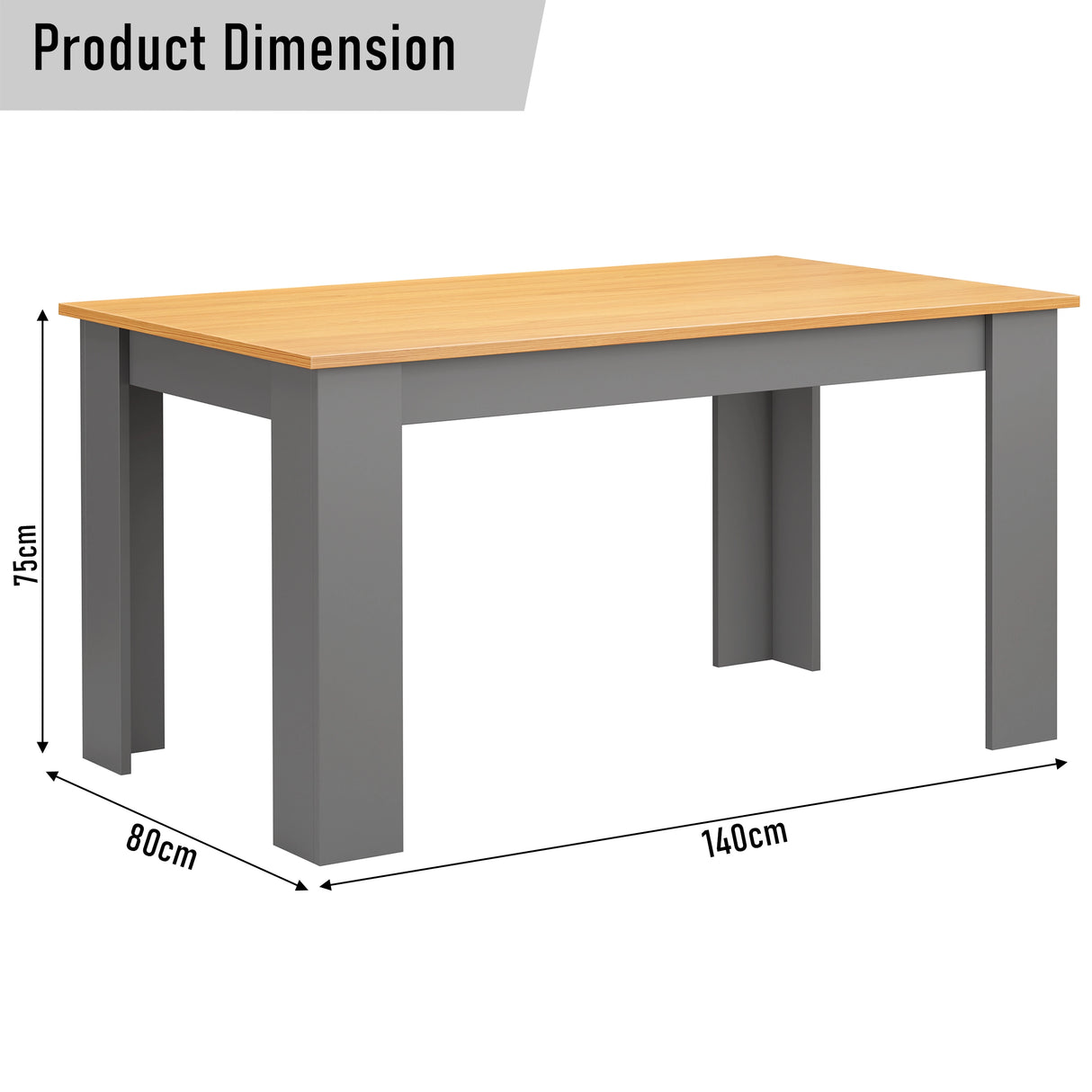 dimensions of grey pine small 6 seater dining table from the dining set: height 75 cm, width 80 cm and length 140 cm
