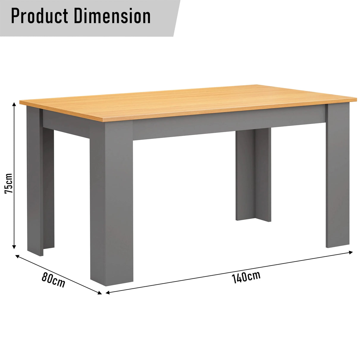 140cm x 80cm rectangular dining table with grey legs and oak top, 75cm height. Space-saving kitchen table for 4 to 6 people.