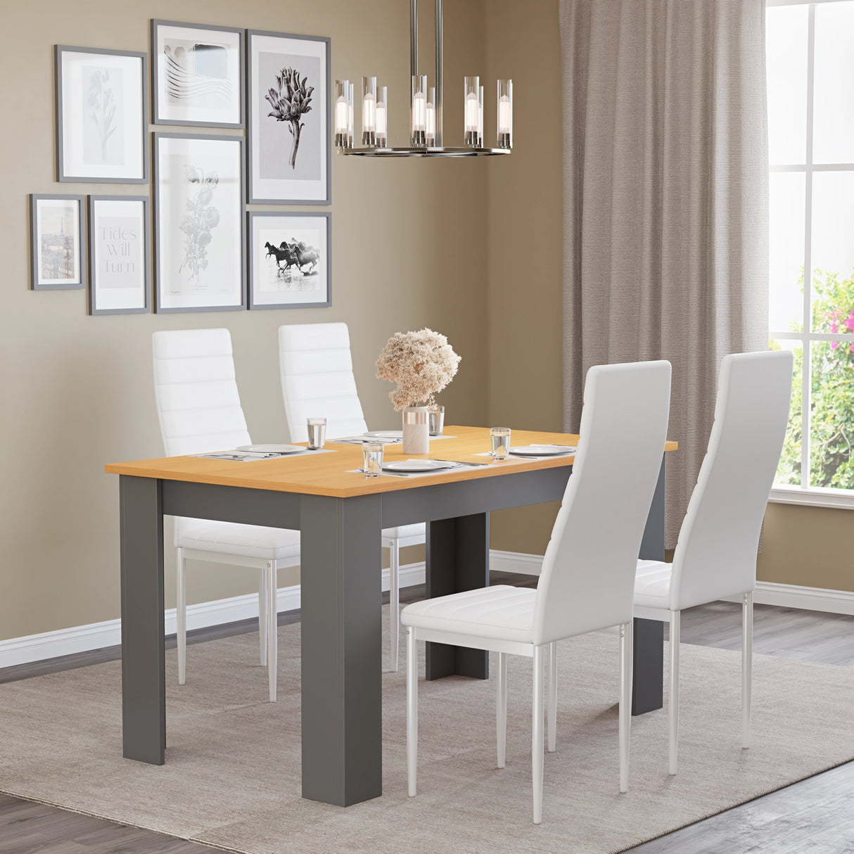 Indoor view of white leather chairs with soft cushions around pine garden dining set 4 seater in a minimalist space