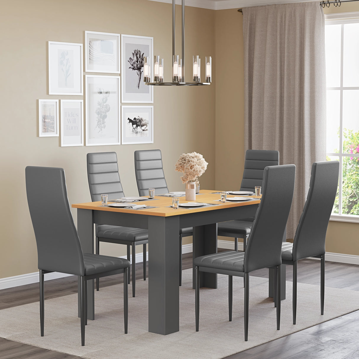 large grey pine wood 6 seat dining table set with grey leather chairs and minimalist decor