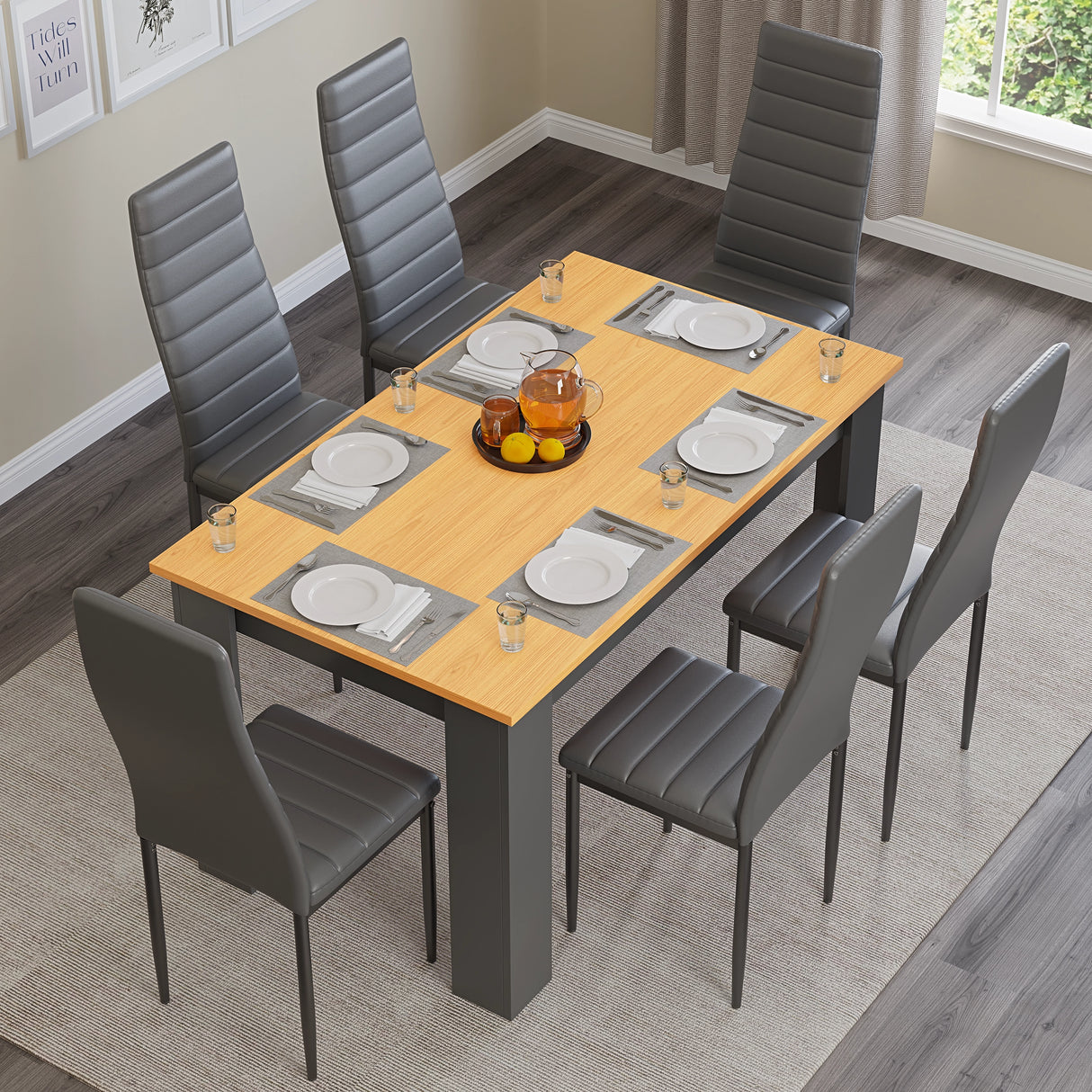 top view of grey pine 6 seater dining table with chairs arranged neatly in modern dining space