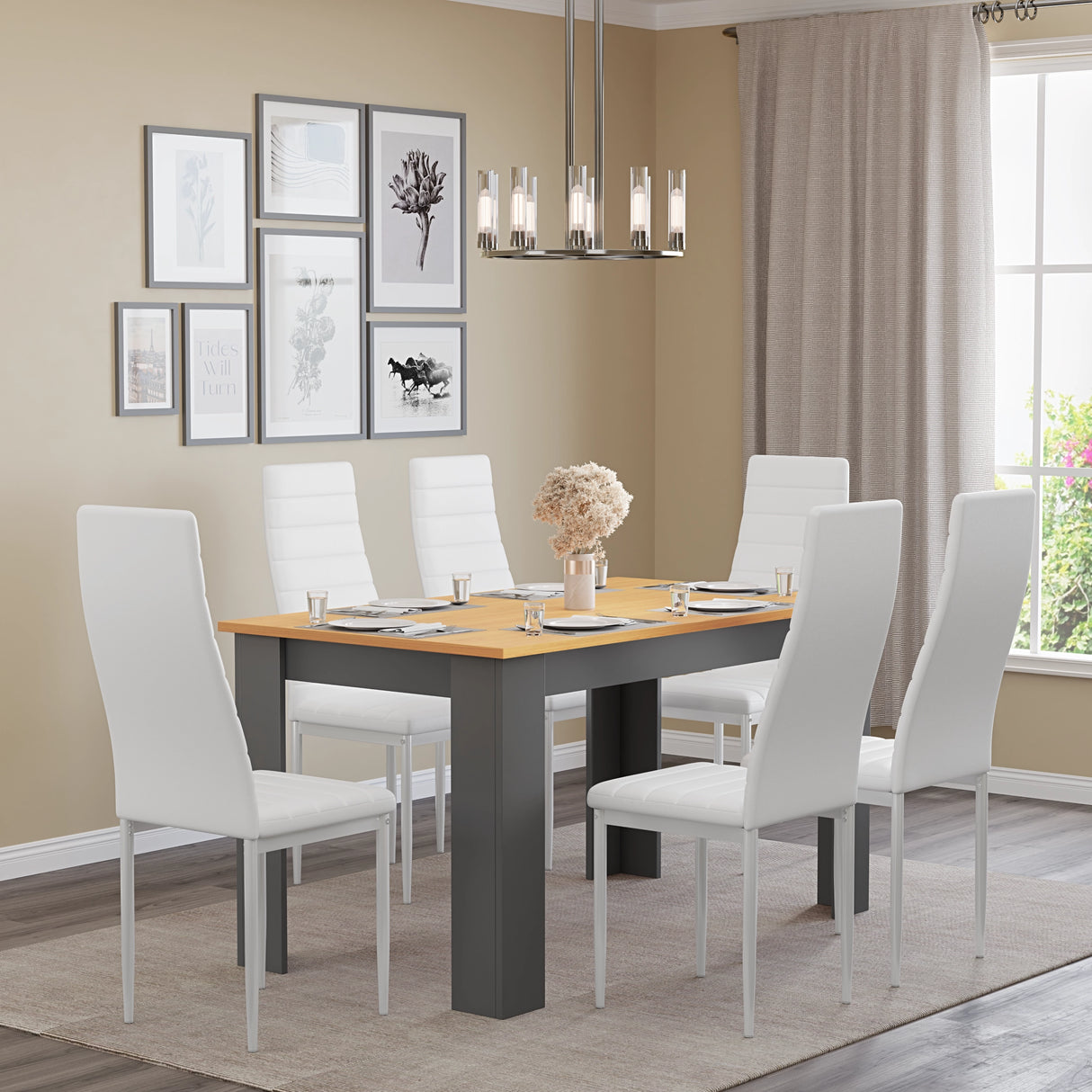 large grey pine wood dining table with 6 chairs paired with white leather seats in bright dining room