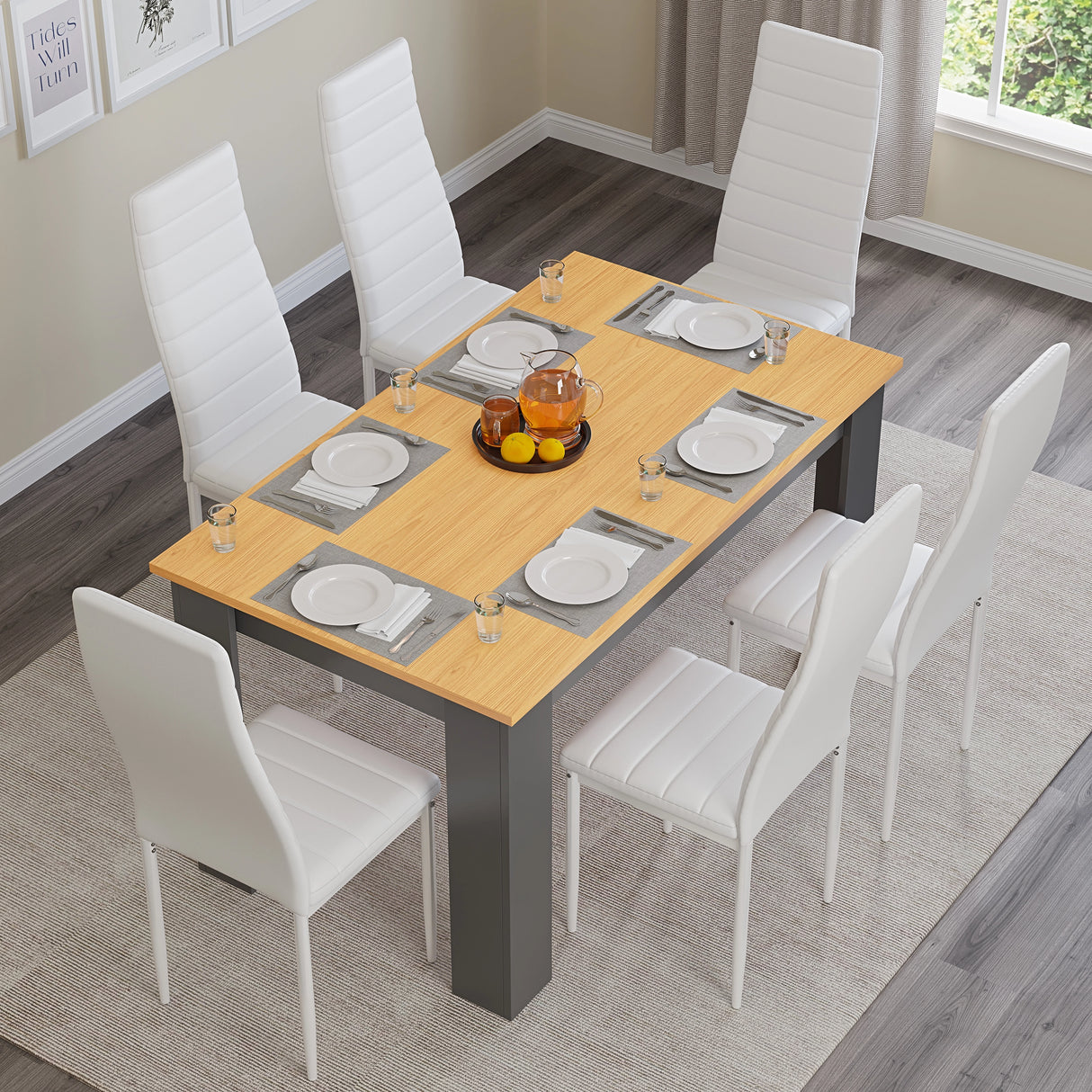 top down view of grey pine wood 6 seat garden dining set with white leather chairs and minimalist décor