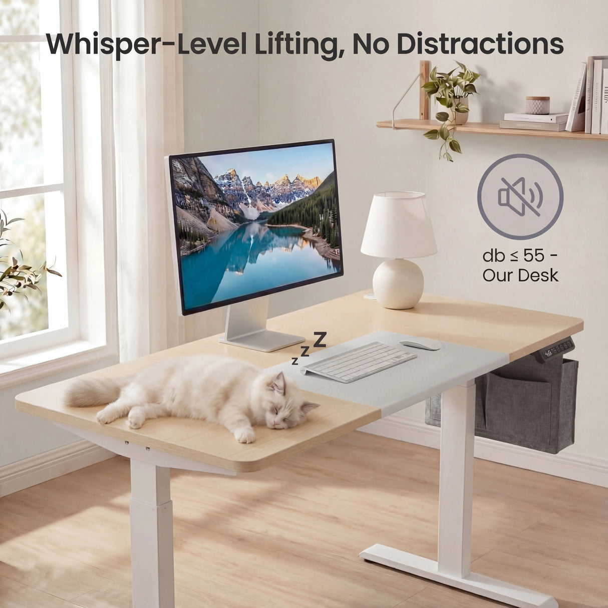 Pine Electric Standing Desk with whisper-quiet lifting mechanism and sleeping cat. Ideal for distraction-free workspaces at home.