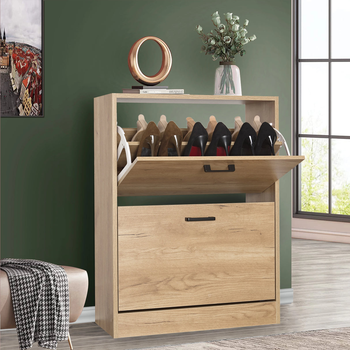 Pine shoe cabinet 2 door with top pull-down drawer open; decor and potted plant placed neatly on top.