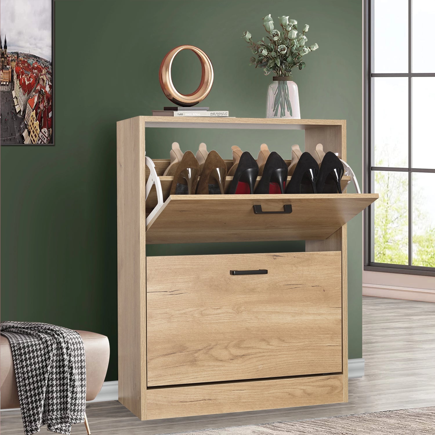 Pine shoe cabinet 2 door with top pull-down drawer open; decor and potted plant placed neatly on top.