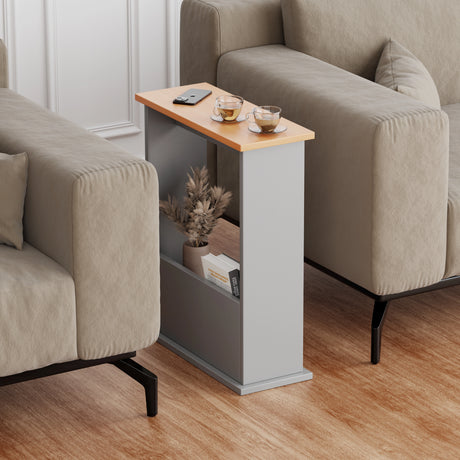 grey side table with oak top placed between sofas, coffee on surface and magazine stored below