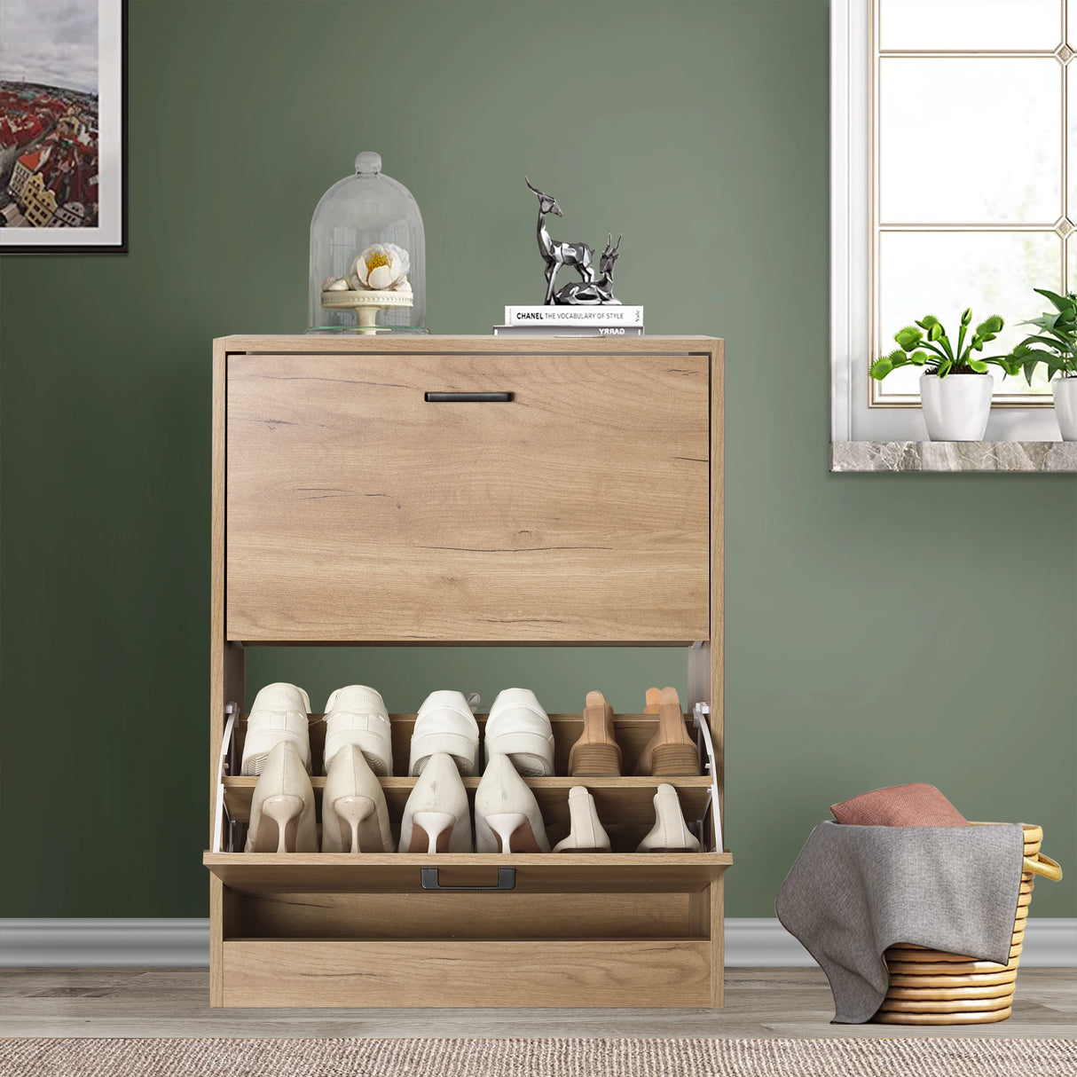 12 pair shoe storage cabinet in pine with bottom pull-down drawer open, showing wellies and casual shoes.