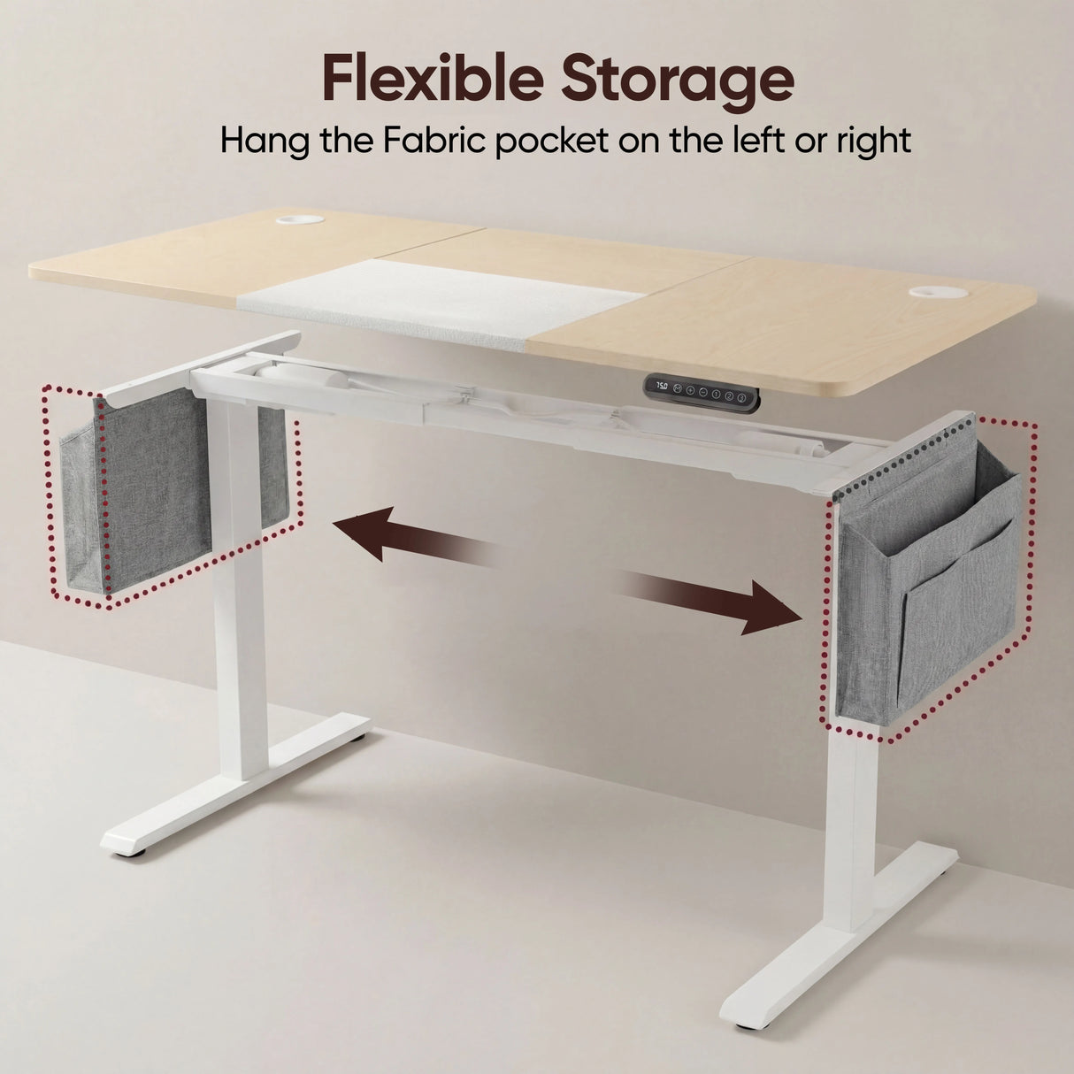 Flexible storage options on Pine Electric Standing Desk with fabric pockets attachable on either side. Ideal for organizing office supplies efficiently.