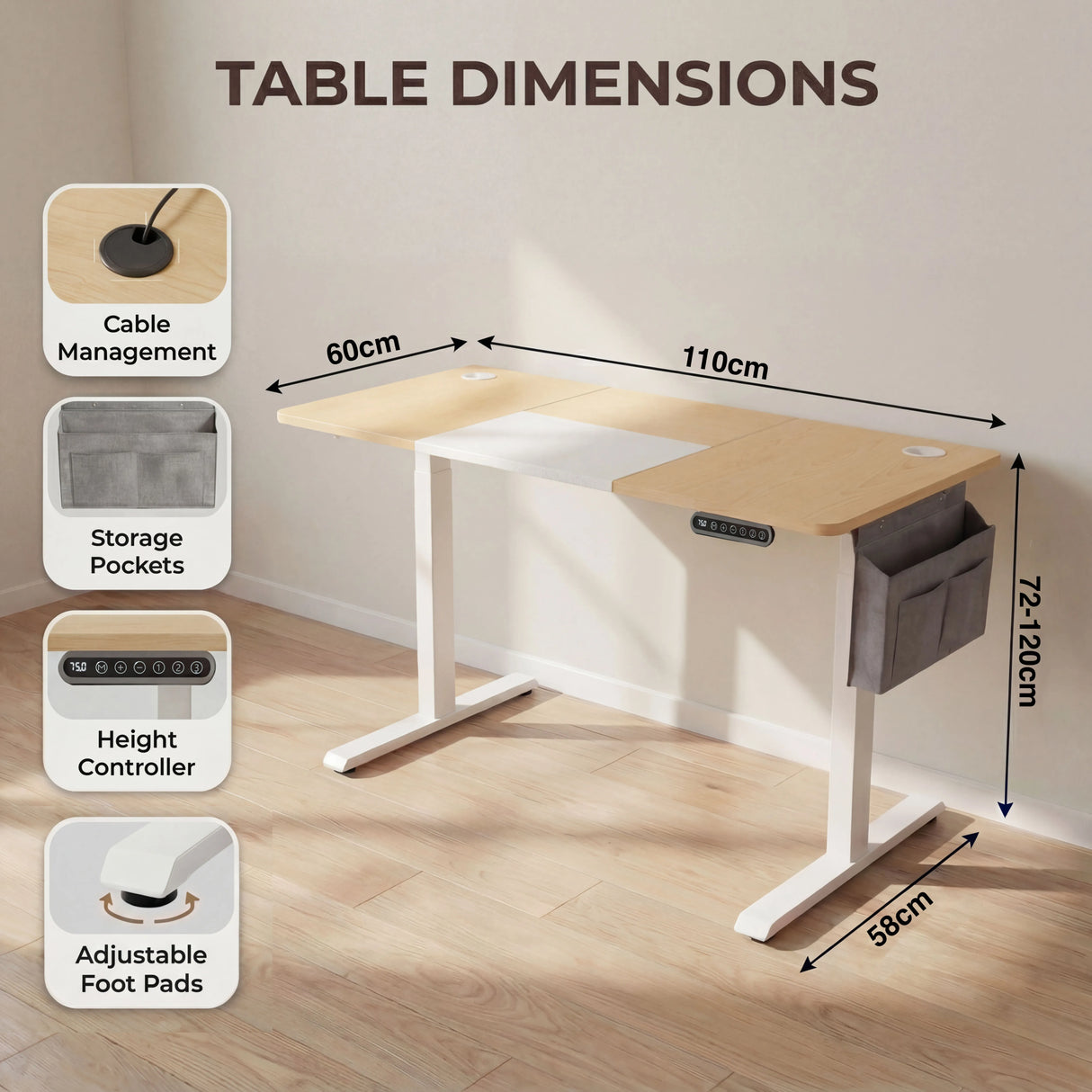Pine Electric Standing Desk dimensions with 110cm width and 60cm depth. Features include cable ports, storage pockets, and adjustable foot pads.