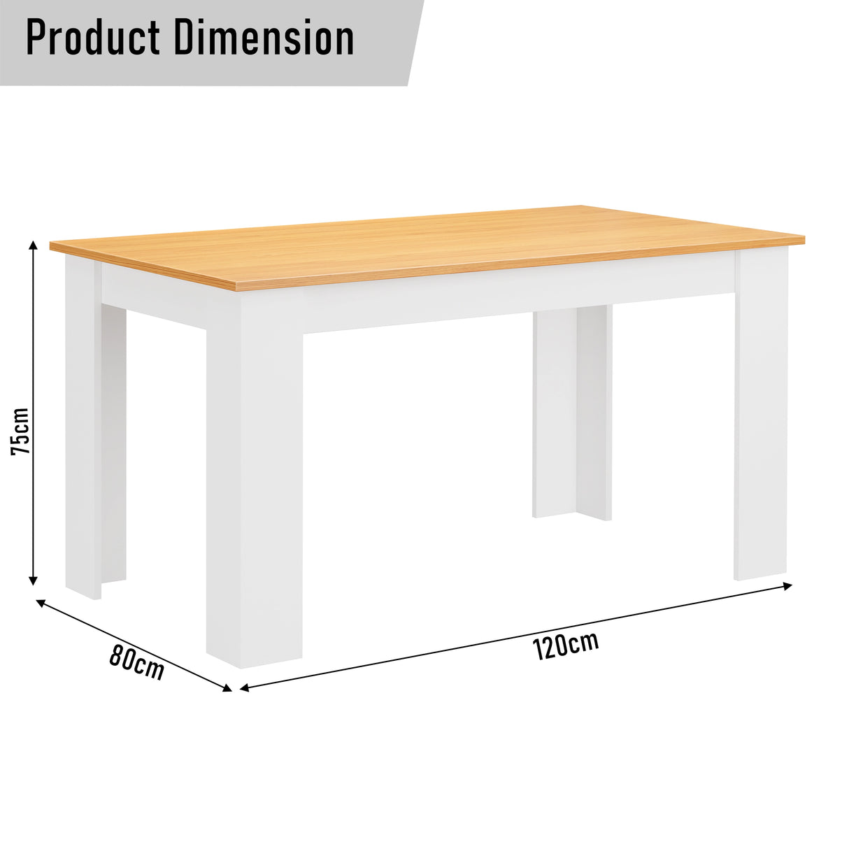 Dimensions of compact kitchen table with pine finish from the dining set: height 75 cm, width 80 cm and length 120 cm