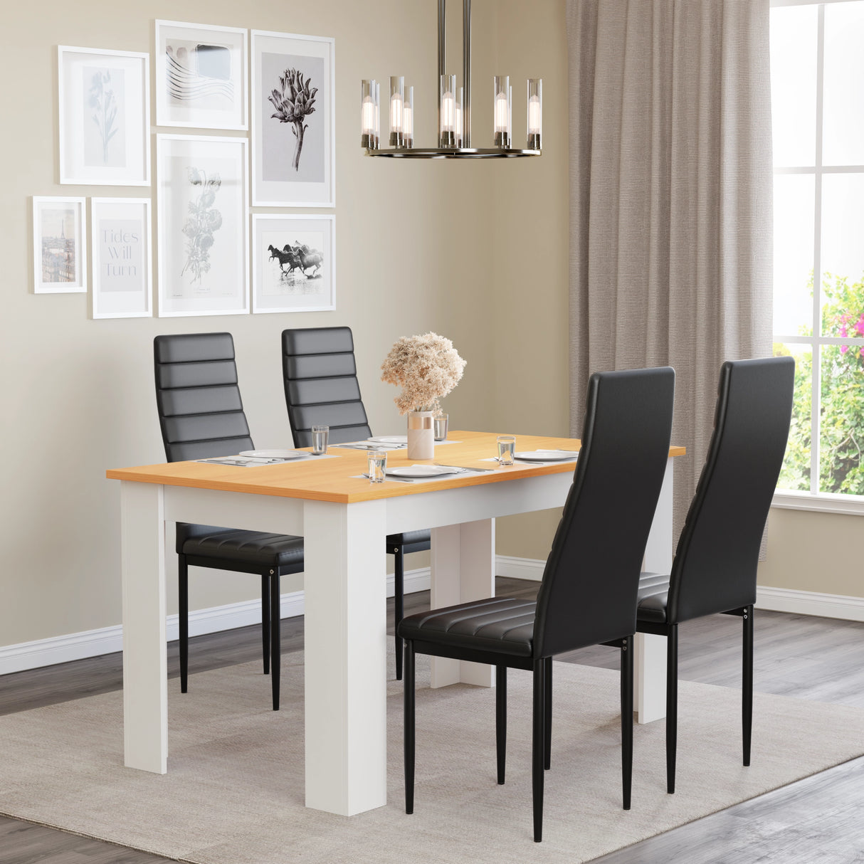 sleek rectangular dining table and chairs set with black PU leather chairs and pine wood top and white base