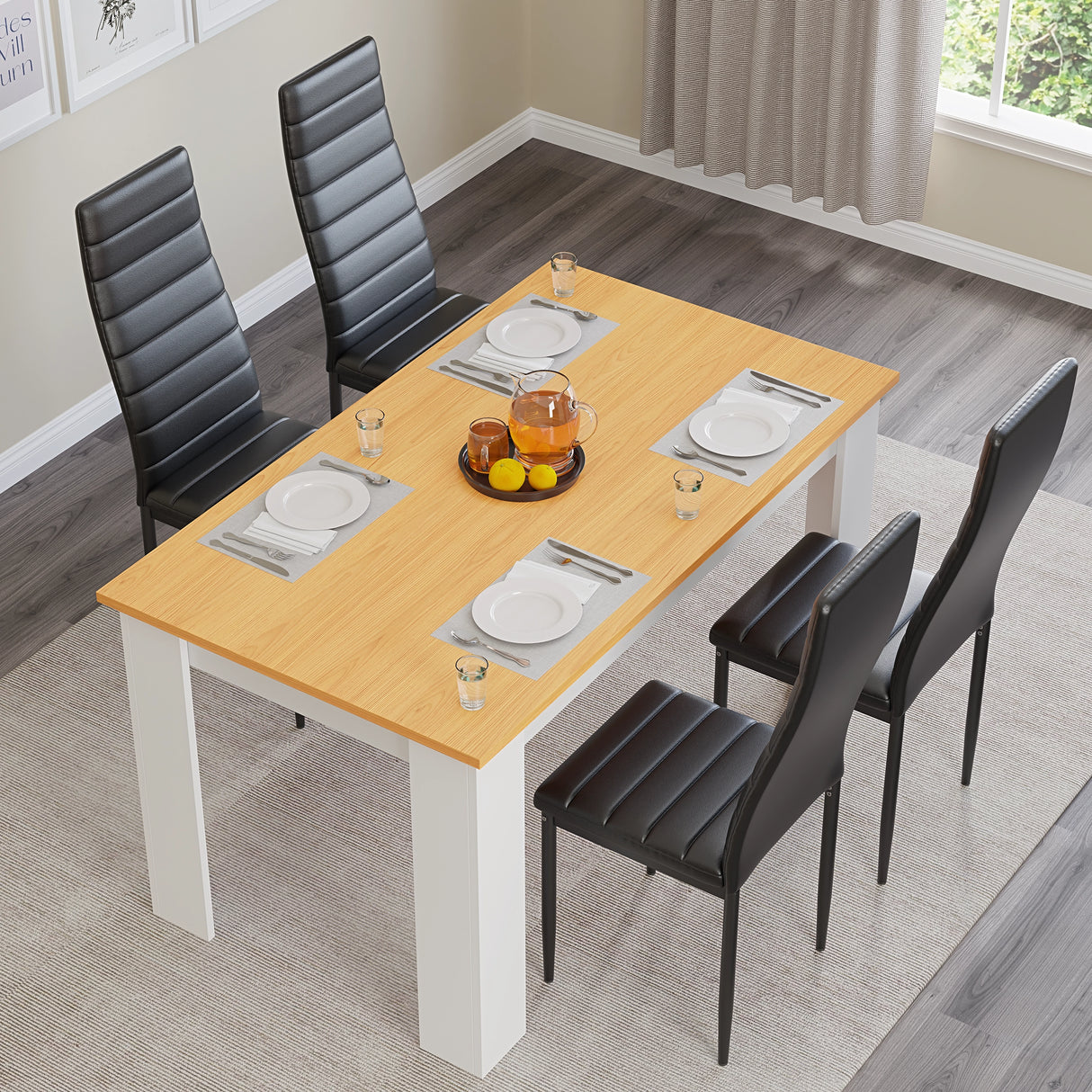 top view of garden dining set featuring pine table with black leather chairs and tableware in an indoor settings