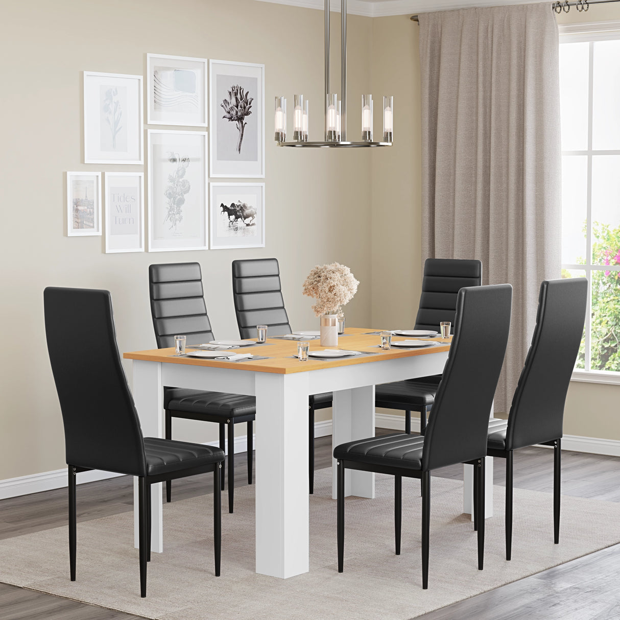 black leather 6 seater dining table and chairs set with white pine table, perfect for family gatherings
