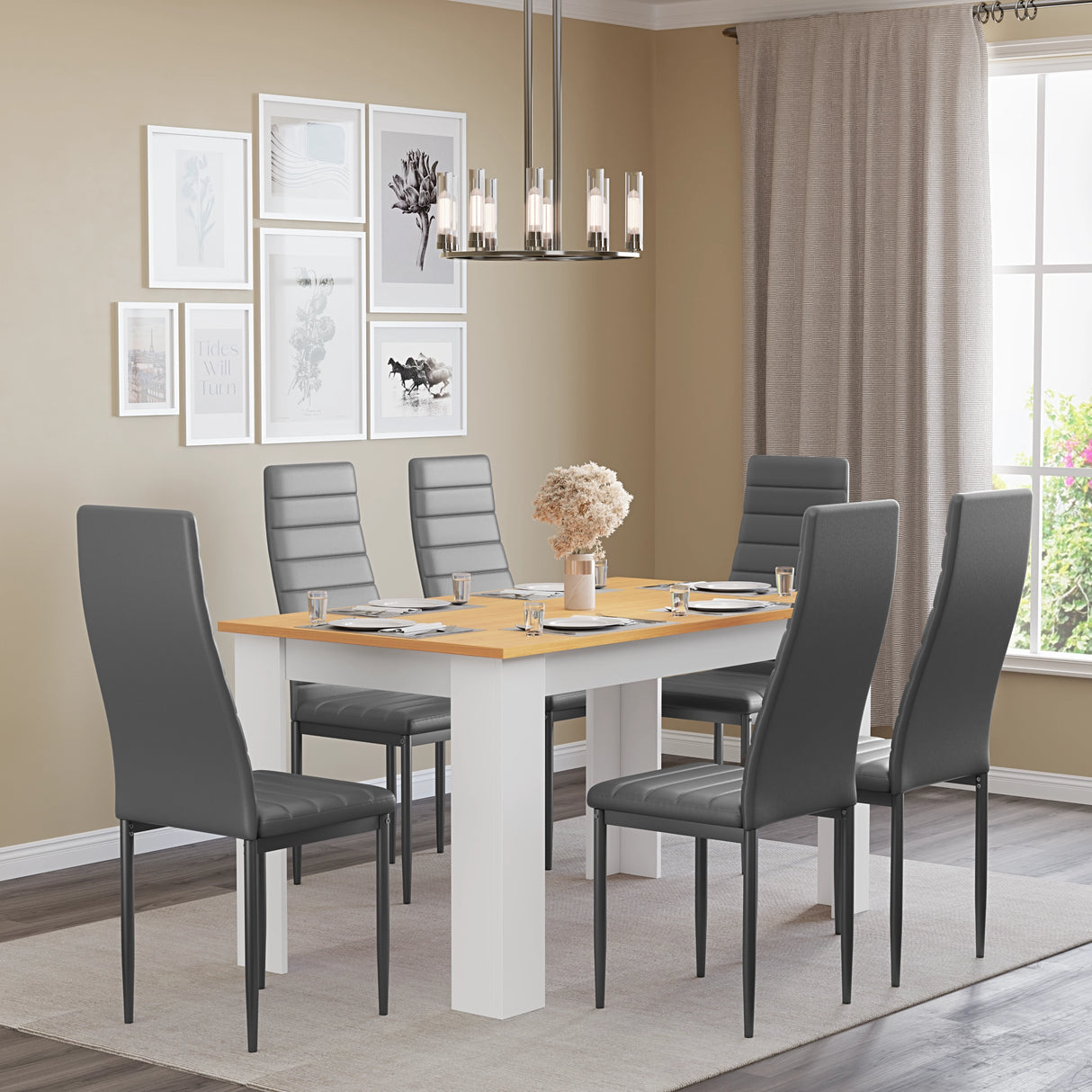large white pine outdoor dining set with grey leather chairs arranged in minimalist indoor dining room setting