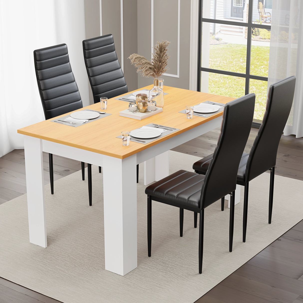 modern small dining table and 4 chairs set with black leatherette upholstery and pine table top finish