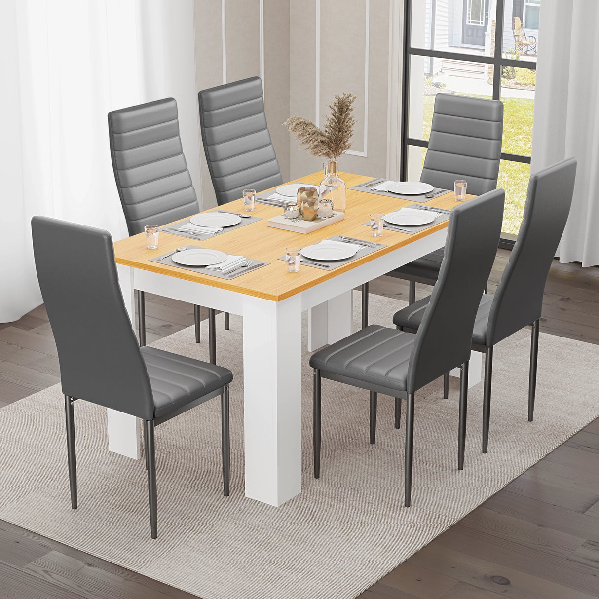modern white pine dining table and 6 chairs with grey leather seats, perfect for inviting dining rooms