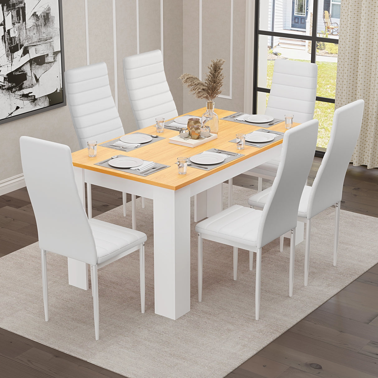 white pine garden dining set 6 seater with white leather chairs, perfect for stylish outdoor dining