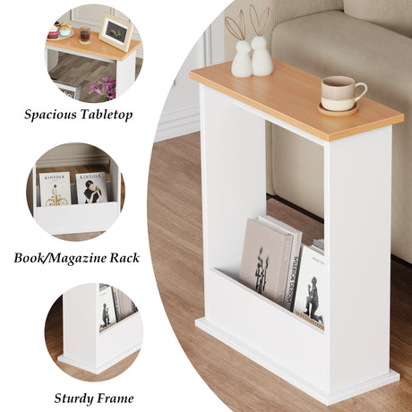 narrow side table in white with oak top and three inset views: sturdy body, book slot, and wide top