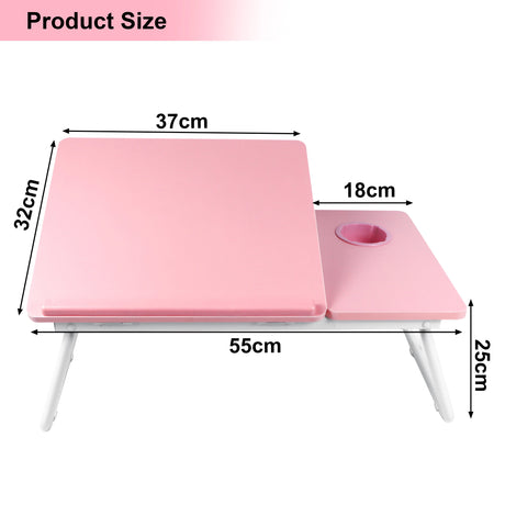 pink bed table for laptop dimension of L 55 x W 32 x H 25cm with a 37cm adjustable lift section and built-in cup holder
