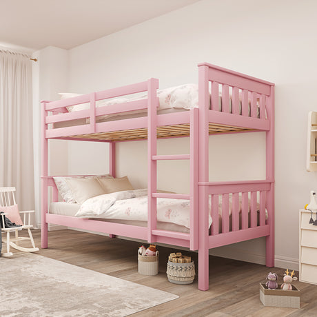 Pink kids' bunk bed with cream bedding in a bright room, featuring a detachable design and built-in ladder for safety.